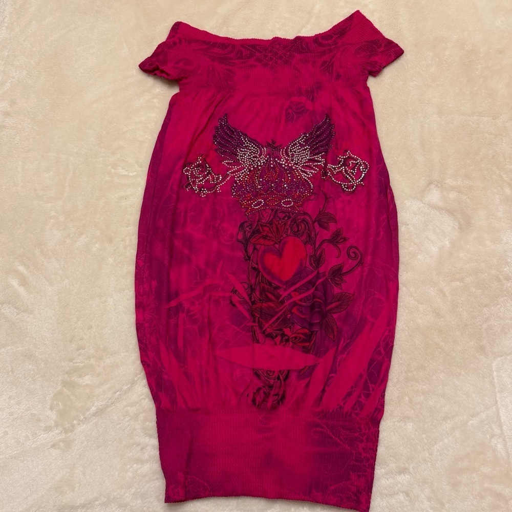 Y2K Hot Pink Off-Shoulder Mini Dress One Size